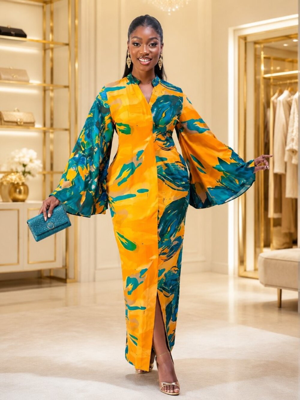 Yellow Teal Abstract Print Bell Sleeve Maxi Shirt Dress 2X